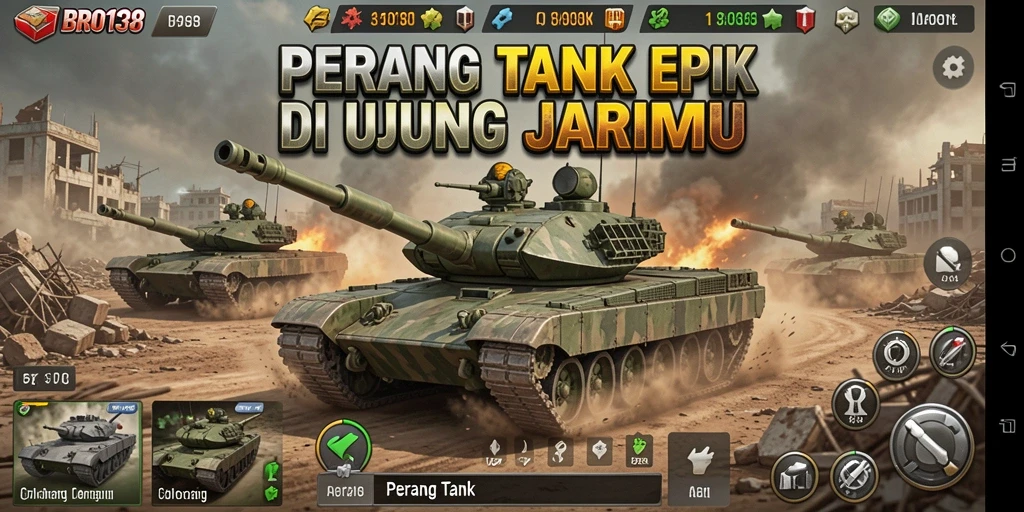 Antarmuka game BRO138 yang menampilkan pertempuran tank yang intens.