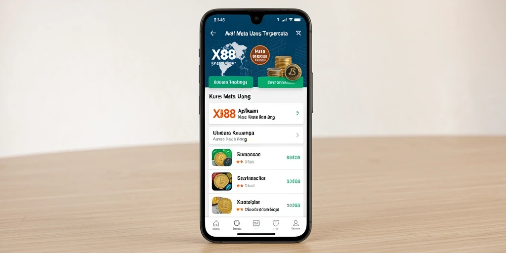 Antarmuka aplikasi X88 yang menampilkan informasi kurs mata uang.